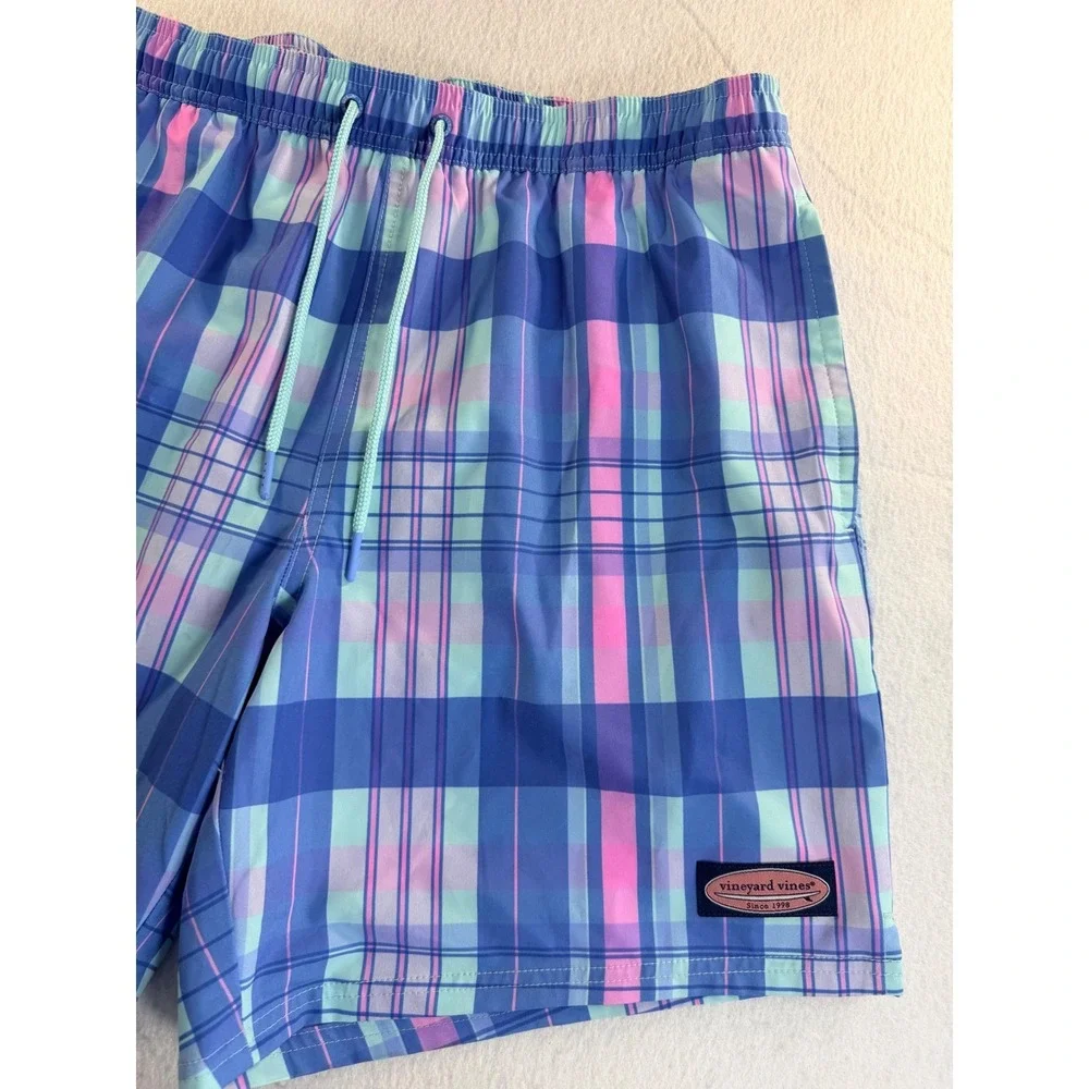Vineyard Vines Mens Blue Pink Plaid Swim Trunks Drawstring Shorts Size L